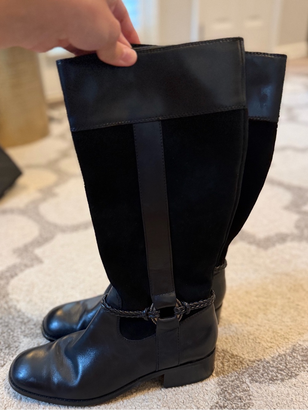 Classic Black Leather & Suede Knee-High Heeled Boots